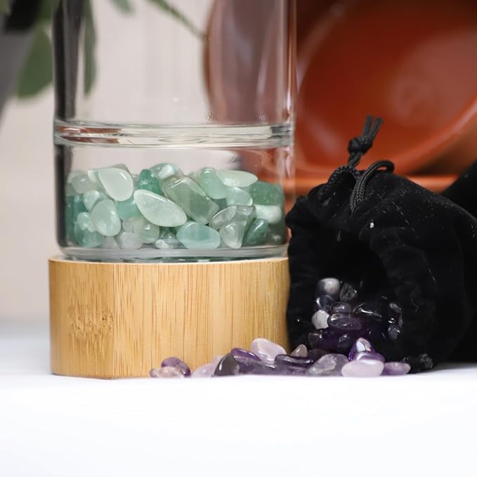 Crystal Water Bottle with a Loose-Leaf Tea or Fruit Infuser, Safe for Hot and Cold Drinks, Eco-friendly & Plus BONUS Protective Sleeve & Extra Set of Crystals (Aventurine & Amethyst)