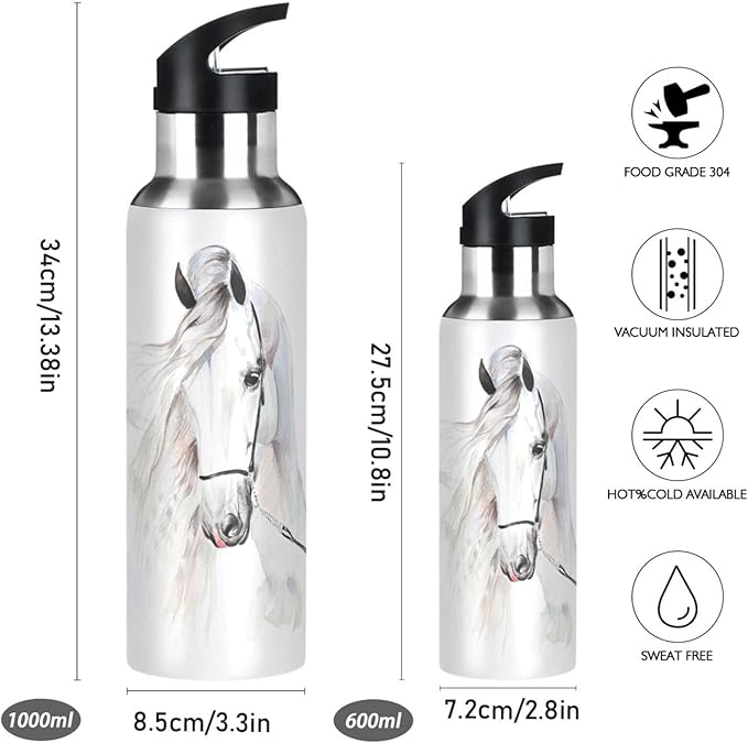 senya 20 Oz Water Bottle with Straw White Horse Stainless Steel Water Bottle for Traveling Sports Leakproof Insulated Water Bottle