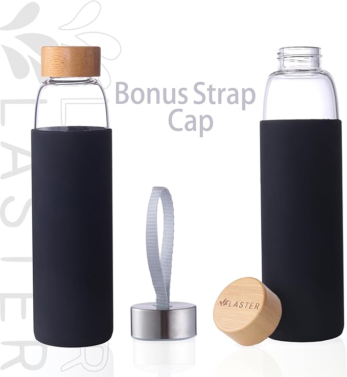 Laster Glass Water Bottle 20 Oz, 600 ml, made of Borosilicate Glass, 1 Bamboo & 1 Stainless Steel Lid, BPA Free, Non-Slip Silicone Sleeve (Black)