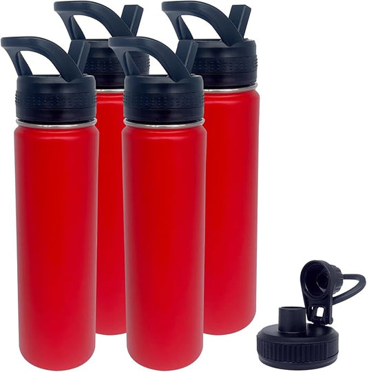 4pack 22 oz Insulated Water Bottle With Straw, Stainless Steel Sports Water Cup Flask with 2 Lids, Wide Mouth Travel Thermal Mug,Red