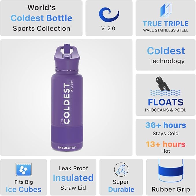 Coldest Sports Water Bottle with Straw Lid Vacuum Insulated Stainless Steel Metal Thermos Bottles Reusable Leak Proof Flask for Sports Gym (Purple, 32 oz Wide Mouth)