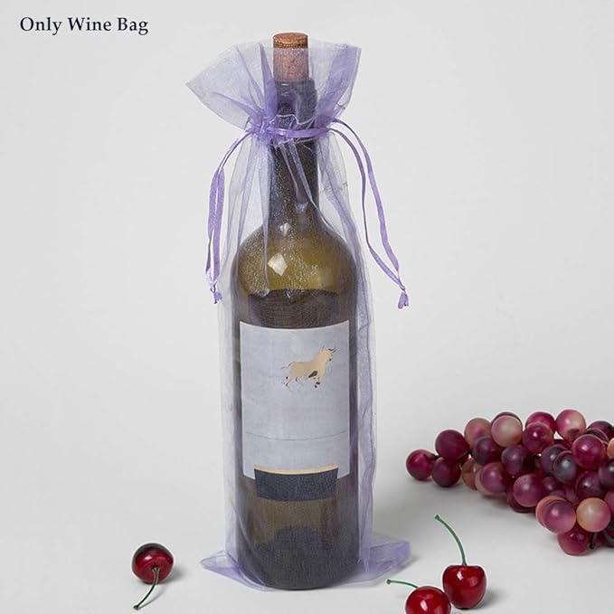 Kakalote 30pcs Sheer Organza Wine Bags, Design Fine Mesh Wine Gift Bag, Reusable Bottle Bags for Travel, Wedding, Birthday, and Dinner Party(Light Purple)