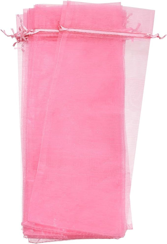 uxcell Organza Wine Bags, 12PCS 14.5 x 5.5 In Pink Sheer Mesh Organza Wine Wrapping Bags With Drawstring Wine Gift Pouches for Bottle Birthday, Wedding Party