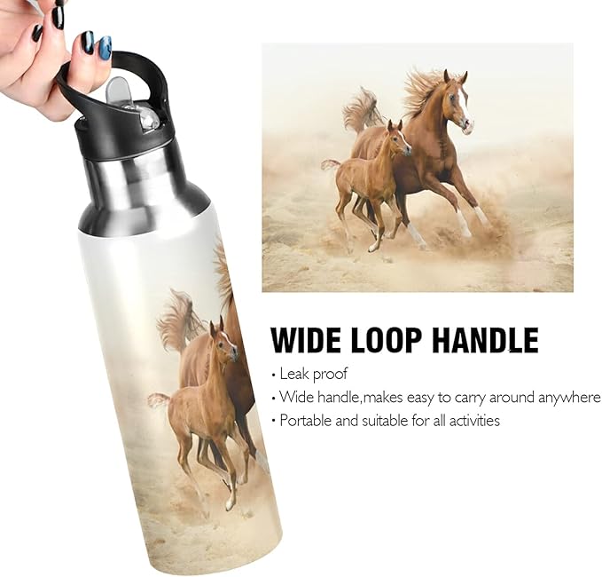 xigua Running Arabian Horse Water Bottle, BPA Free Stainless Steel Water Bottle Leak-Proof Sports Bottle for Camping Workouts Gym and Outdoor Activity, 22oz