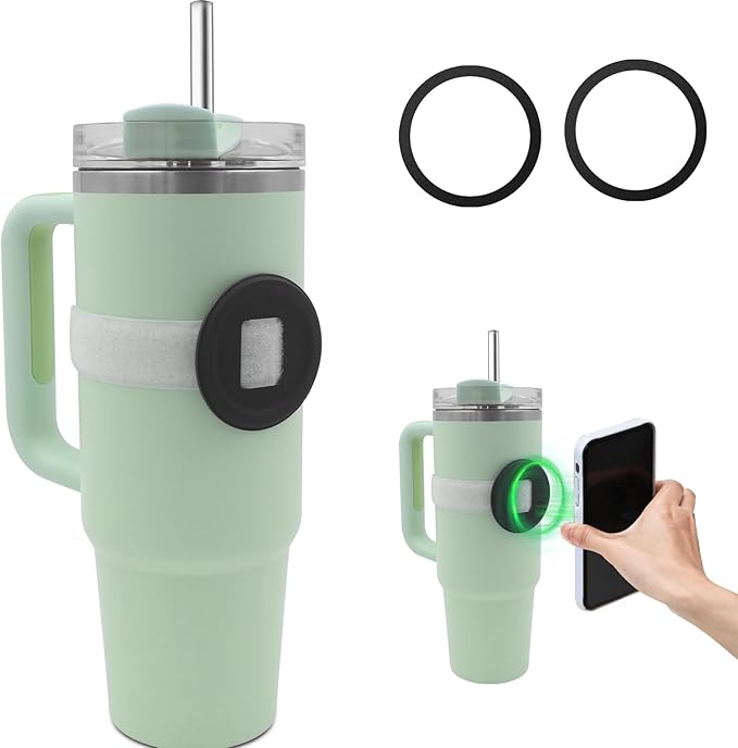 Watter Bottle with Magsafe Phone Holder, Magnetic Holder Adjustable Strap Compatible with Stanley Tumbler Cup Owala 32oz for iPhone Android Devices 2x Metal Iron Ring (White)