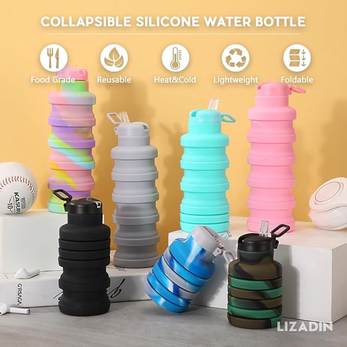 Collapsible water bottles 2 Pack with brush,BPA Free Travel Silicone Water Bottle with Carabiner,Reusable Foldable Portable Lightweight Sports bottles for Gym Camping Hiking (Gray+Camo green)