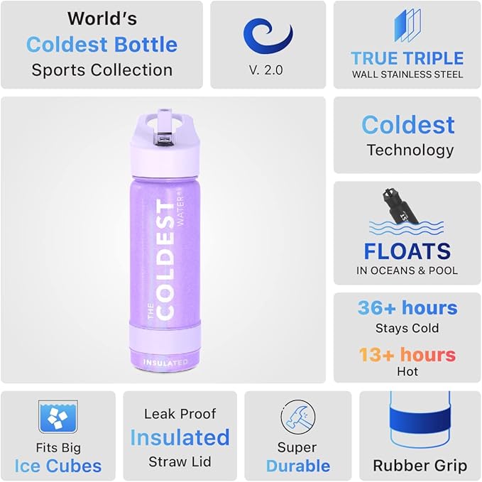 Coldest Sports Water Bottle - Straw Lid Bottle with Handle Leak Proof, Vacuum Insulated Stainless Steel, Double Walled, Thermo Mug, Metal | Saturns Purple 18 oz