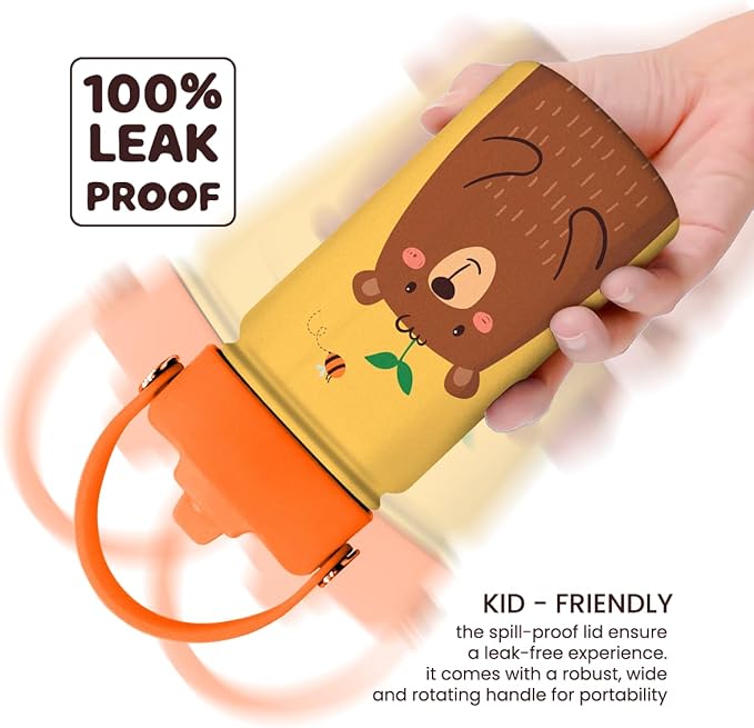Bear Water Bottle - Kids Water Bottle with Straw Lid - 12 Oz Insulated Stainless Steel Water Bottles for Toddlers Kid Boys - Travel Cup for School Sports