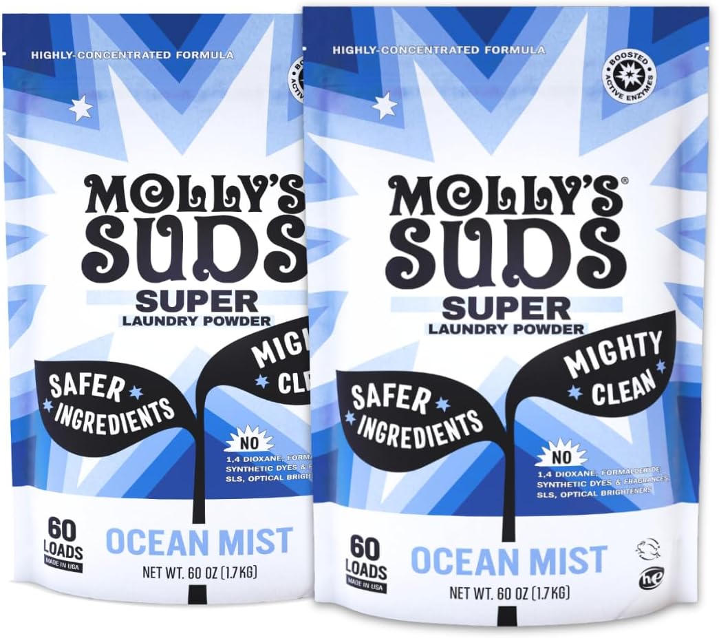 Molly's Suds Super Powder Detergent | Extra Strength Laundry Soap, Stain Fighting | Sensitive Skin | Simple, Effective Ingredients | Ocean Mist, 120 Loads Total (2 Pack)