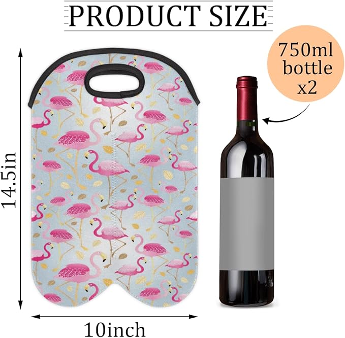 Pink Flamingo 2-Bottle Wine Gift Tote Carrier Gold Leaves Neoprene Wine Tote Bags Holder Cooler Wine Gift for Women Men