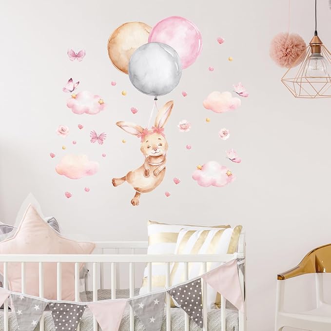 Bunny Air Balloon Animals Wall Decals Pink Heart Cloud Nursery Wall Stickers Baby Girls Room Wall Decor