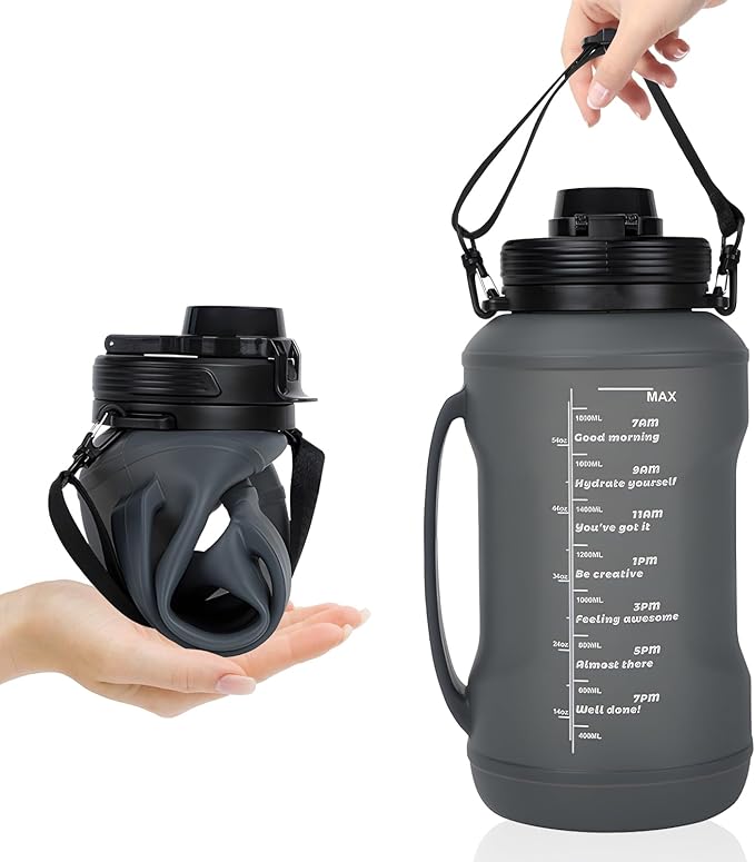 Collapsible 64oz Water Bottle with Handle & Straw - Spill-Proof Foldable Silicone Bottle for Men/Women (Black, 2L)