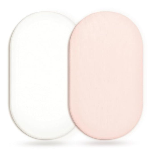 GRSSDER Stretchy Ultra Soft Fitted Bassinet Sheet 2 Pack, Universal Fit for Bassinets Baby Cradle Moses Basket Oval Rectangle Mattress Safe and Snug, Jersey Bassinet Sheets for Girls, White/Pink