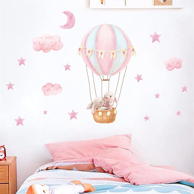 Pink Cloud Hot Air Balloon Rabbit Wall Decal Cute Bunny Moon and Stars Wall Stickers Baby Girls Room Nursery Decor