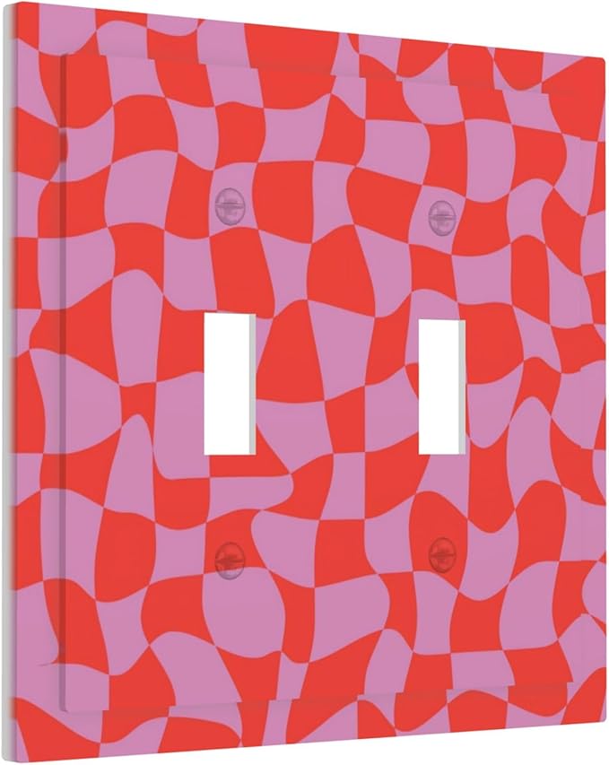 Groovy Check Double Toggle Light Switch Covers 2 Gang Wall Plate Dual Decorative Switchplate Electrical Faceplate for Bathroom Country Kitchen Bedroom Decor, 4.9" x 5"