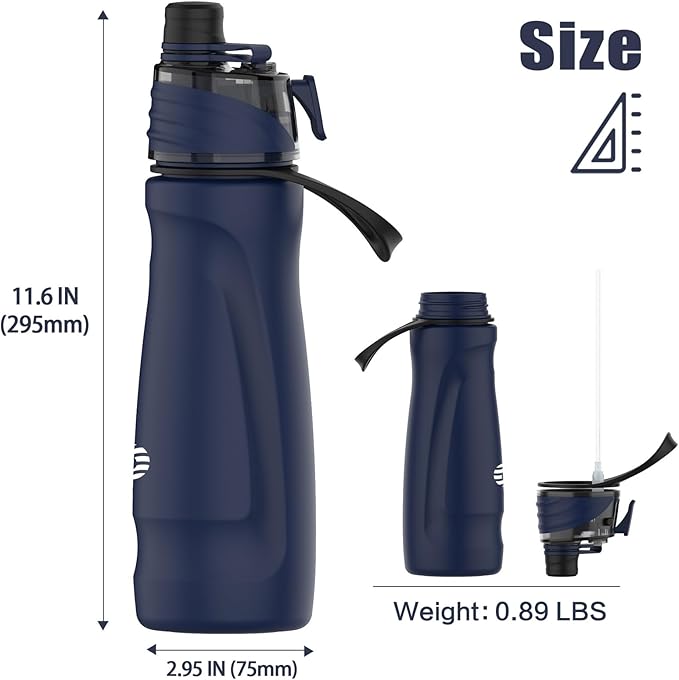 Misting Water Bottle, 24oz Insulated Water Bottle, 2-in-1 Mist & Sip Stainless Steel Water Bottles, Thermo for Hot Drinks/Cold Drinks, Sports Water Bottle for Hiking, Running, Gym, Navy Blue