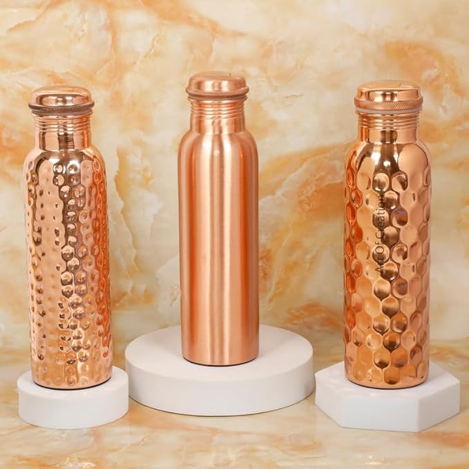 Pure Copper Water Bottle for Drinking Large Handcrafted Ayurvedic Copper Water Bottle, Leak Proof Lid Copper Bottle Water Vessel Size-34 Oz (Plain And Hammered Combo)