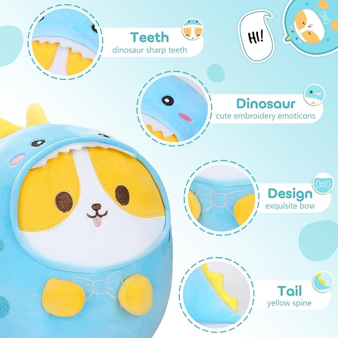 Cute Plush Corgi Dinosaur Stuffed Animal Pillow, 8" Soft Kawaii Shiba Inu Corgi Plushie with Dinosaur Outfit Gift for Kids