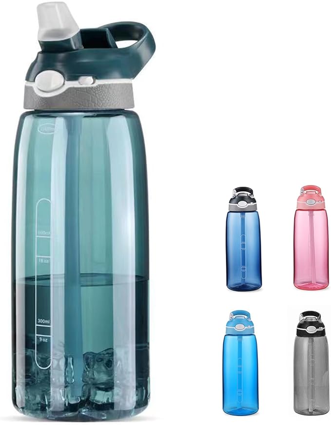 SHELFLOVER Dark Cyan Water Bottle With Narrow Straw, BPA FREE Clear Bottles With Handle One Hand Use Easy Carried, Flip Up, Suit School, Office, Gym, Office For Men, 32oz (1000ml)