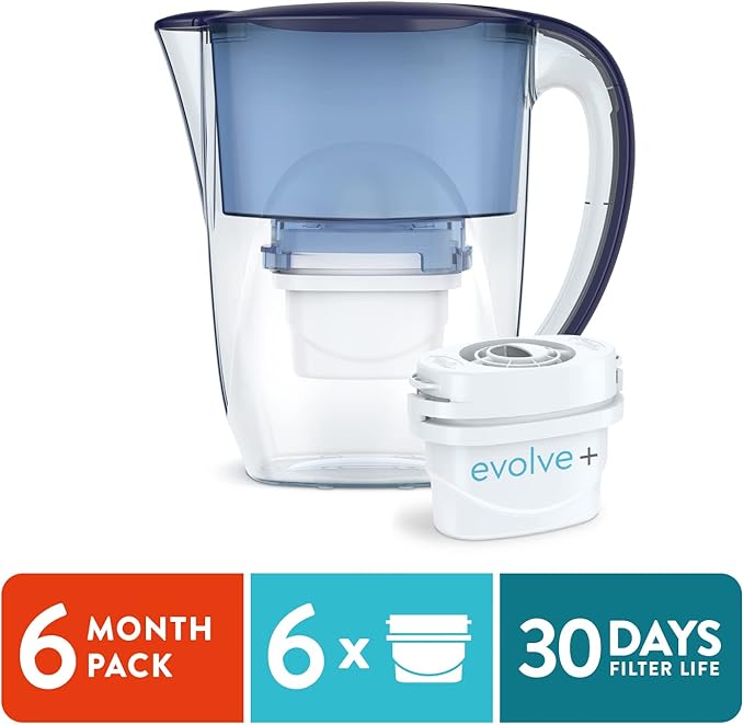 Aqua Optima 6-Cup Water Filter Pitcher Bundle Pack for Tap and Drinking Water with 6 Evolve+ Filter, Reduces Microplastics, Improves Taste, BPA Free, WQA Certified, Oria Design (Blue)