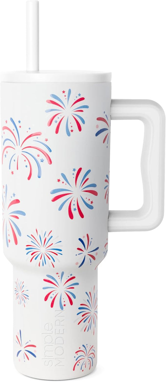 Simple Modern 40 oz Tumbler with Handle and Straw Lid | 4th of July Insulated Reusable Stainless Steel Water Bottle Travel Mug Cupholder Use | Gifts for Women Men Him Her | Trek Signature | Fireworks