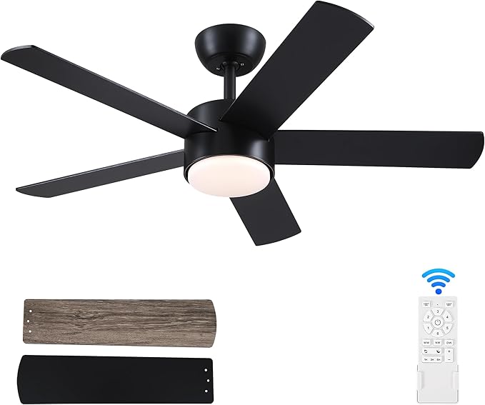 42 inch Black Ceiling Fan with Light Remote Control, LED Ceiling Fans with Lights, 3-Colors Dimmable, Reversible, Modern Ceiling Fan for Bedroom, Dining Room, Living Room