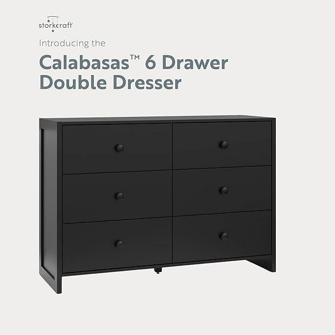 Storkcraft Calabasas 6 Drawer Dresser (Black) - GREENGUARD Gold Certified, 6 Drawer Dresser with Interlocking Drawer System, Dresser Drawer Organizer for Kids' Bedroom