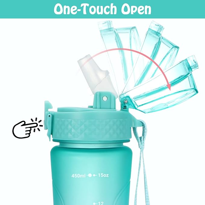OLDLEY Replacement Straw Lid for 15 oz Water Bottle, Leakproof Spillproof Dustproof One-Click Open Cap with Carry Strap