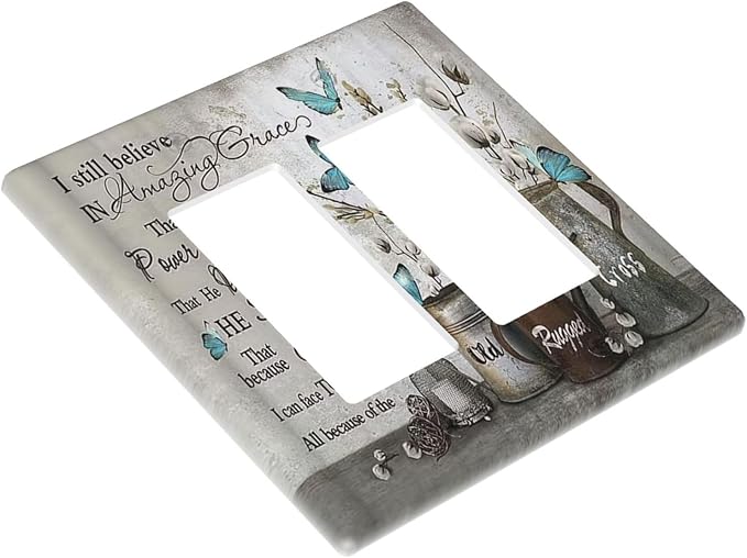 Blue Butterfly Rustic Flower Inspirational Quotes 2 Gang Rocker Decora Light Switch Covers Dual Outlet Covers Wall Plate Decorative Switchplate Electrical Faceplate GFCI for Country Bedroom Decor