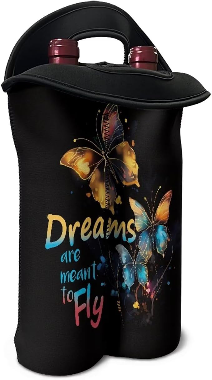 doginthehole Butterfly 2 Bottle Wine Tote Carrier Cooler Bag Insulated Wine Bag Water Bottle Holder Neoprene Pouch for Travel Picnic Party, Dreams Are Meant to Fly Drsign