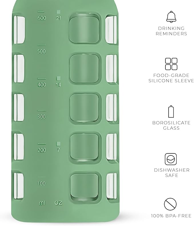 purifyou Premium 40/32 / 22/12 oz Glass Water Bottles with Volume & Times to Drink, Silicone Sleeve & Stainless Steel Lid Insert, Reusable Bottle for Fridge Water, Milk, Juice (22oz Shale Green)
