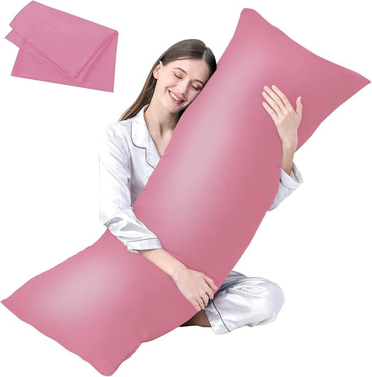 DOWNCOOL Luxury Full Body Pillow Insert with Fiber Cover - Ultra Soft Body Pillow for Sleeping - Breathable Long Bed Pillow Insert, 20"x54"(Pink, with Cover)