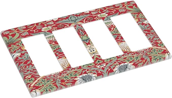 William Morris Strawberry Thief Botanical Red Green 4 Gang Rocker Decora Light Switch Cover Outlet Covers Wall Plate Decorative Switchplate Electrical Faceplate GFCI for Country Bedroom Decor