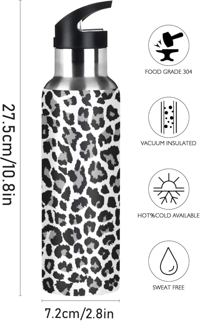 Qilmy Black and White Leopard Water Bottle Vacuum Insulated Stainless Steel Water Bottles with Straw Lid Leakproof Wide Mouth Water Flask for Fitness Outdoor Sports, 20 oz
