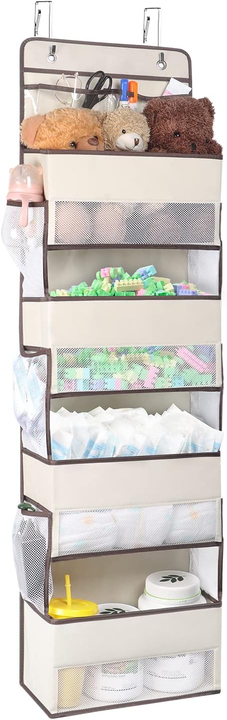 Univivi Over Door Hanging Organizers and Storage Nursery Closet Cabinet Baby Storage with 4 Large Compartments 2 Small PVC Pockets with 6 Side Pockets for Cosmetics, Toys and Sundries (Beige)