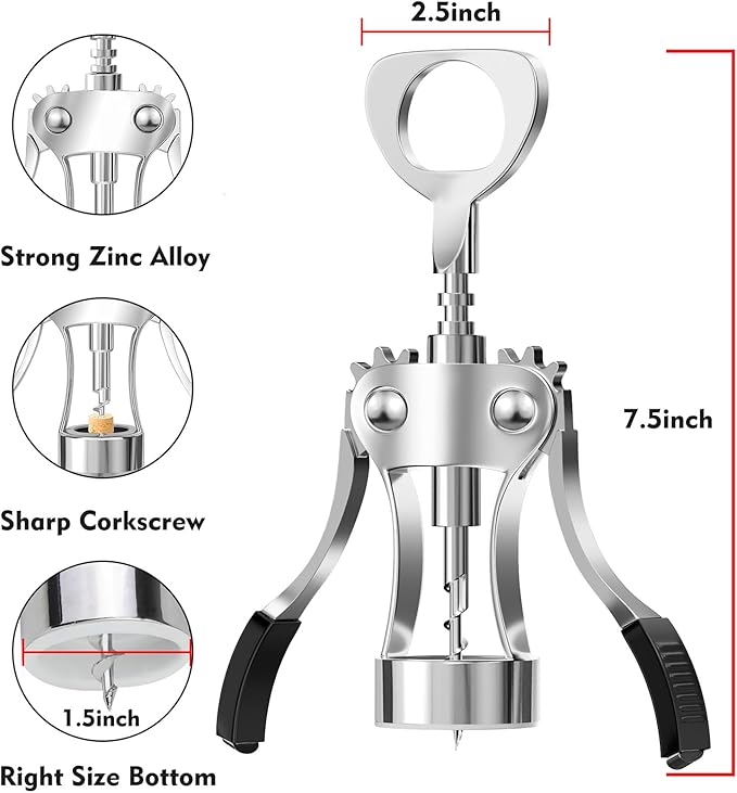 KORCCI Wine Opener, Wine Bottle Opener, Zinc Alloy Wing Corkscrew Heavy Duty, Cork Screw Beer Opener for Bartenders, Multifunctional Bottle Opener for Kitchen, Restaurant, Bar, Waiters (1, Sliver)