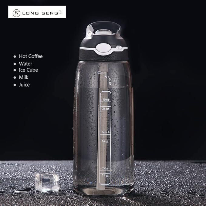 Sports Water Bottle 35 OZ, Gym Leak Proof Wide Mouth Straw Water Bottles Black BPA-Free Plastic Water Bottle Odorless Light Portable Easy Clean Water Bottles For Adults Man Woman