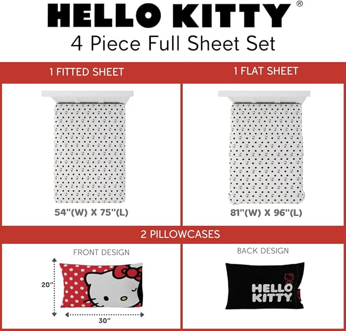 Franco Collectibles Hello Kitty Polka Dot Bedding Super Soft Microfiber 4 Piece Full Sheet Set, (Officially Licensed Product)