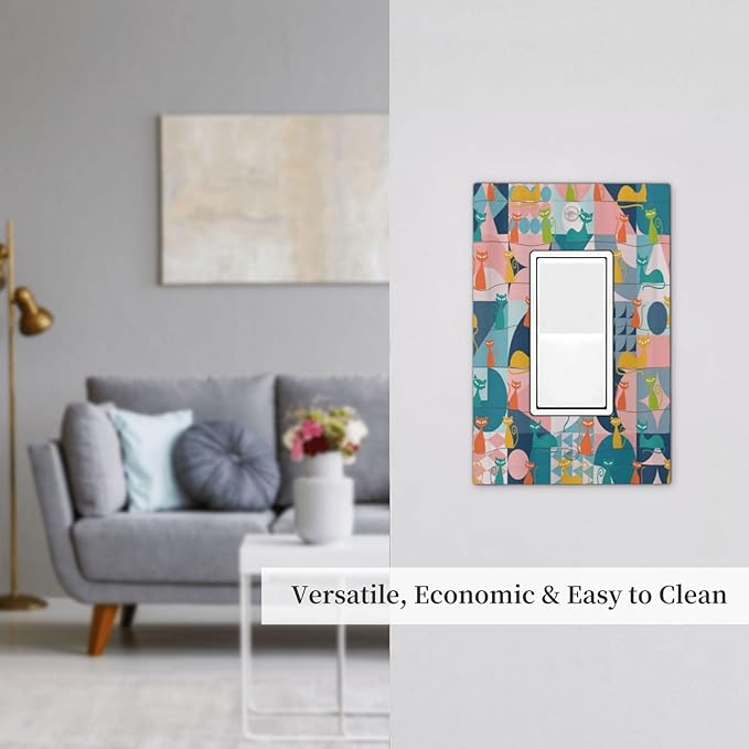 Mid Century Modern Atomic Cute Cats 1 Gang Rocker Light Switch Covers Single Decora Outlet Wall Plate Decorative Switchplate Faceplate GFCI for Kidroom Nursery Bedroom Decor