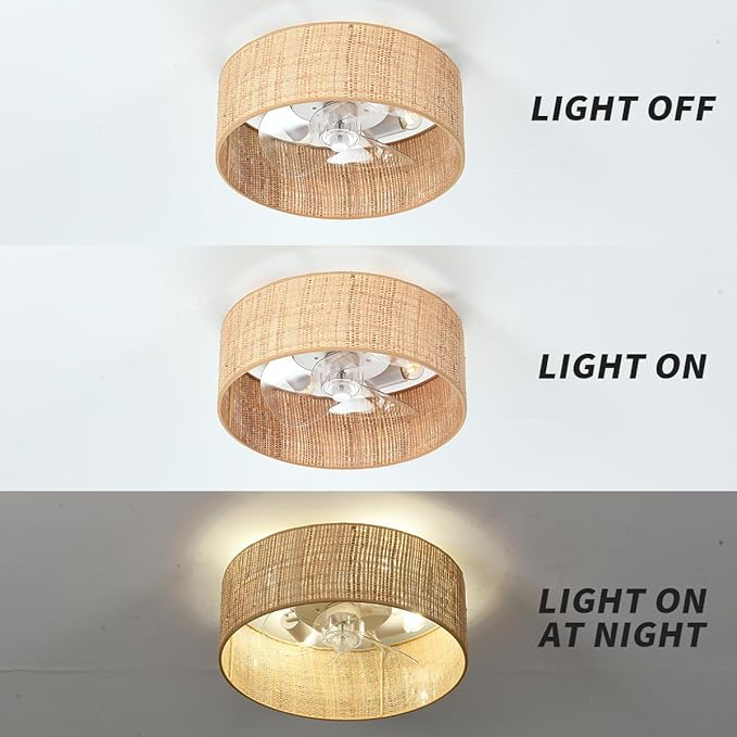 Boho Small Reversible DC Ceiling Fan with Light Fixture and Remote Control ,Flush Mount Drum Caged Enclosed Round Cage Low Profile Fandelier for Bedroom Indoor Kitchen Nursery Office Dining Room