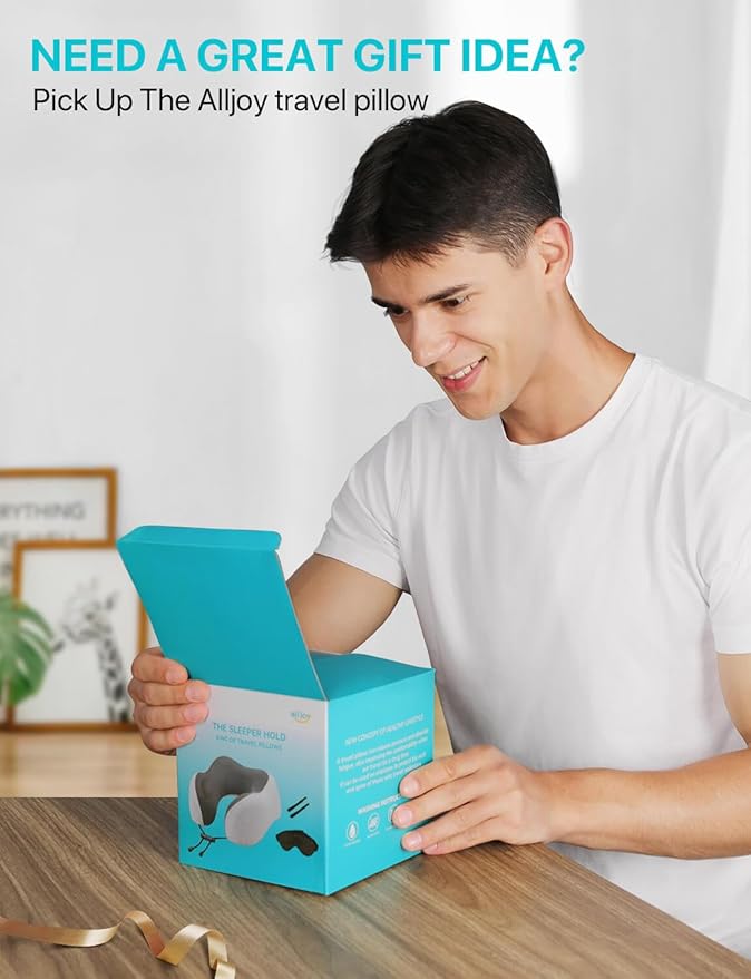ALLJOY Travel Neck Pillow for Sleeping-Prevents Head Forward,100% Pure Memory Foam Travel Pillow with Eye Mask, Adjustable Clasp, and Seat Strap - Comfort Travel Kit for Airplane, Train, Car