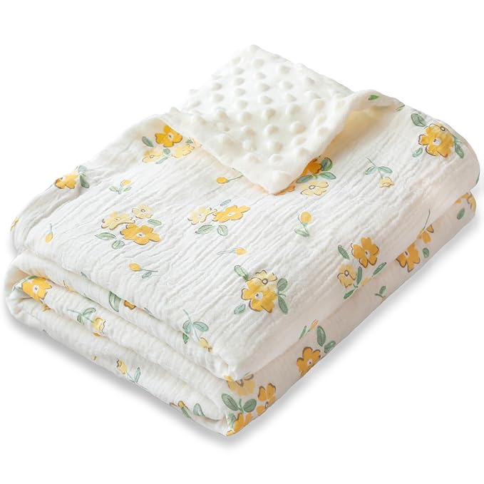 Baby Blankets for Unisex Boys Girls Super Soft Nursery Minky Blankets with Breathable Muslin Cotton Front and 3D Touch Dotted Fleece Backing, Floral Printed Bed Throws Newborn
