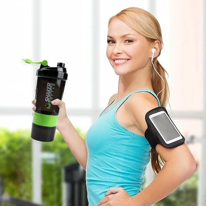 Shaker Bottle - Protein Shaker Cup with Storage Compartments - Leak-proof Workout Shake Bottles with Mixer for Smooth Mixing-500ML/16oz (GREEN & BLACK)