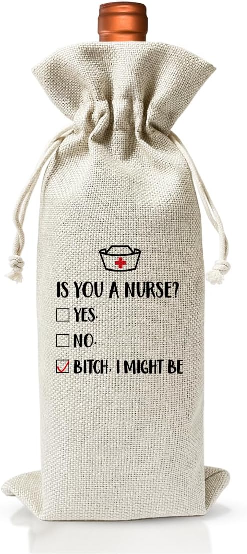 Nursing School Graduation Gift Wine Bag, Funny Nurse Graduation Party Decoration Favors, Nurse Day Week Gift Bag For Her Women Coworker Friend Daughter, Linen Wine Bag