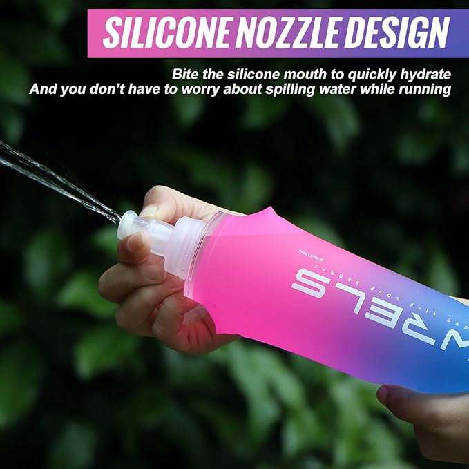 Collapsible TPU Soft Flask,Reusable Handheld Soft Water Bottle for Hydration Pack,BPA Free Gradient Folding Water Flask for Running Cycling Climbing (Rose Red&Dark Blue-500ml*2)