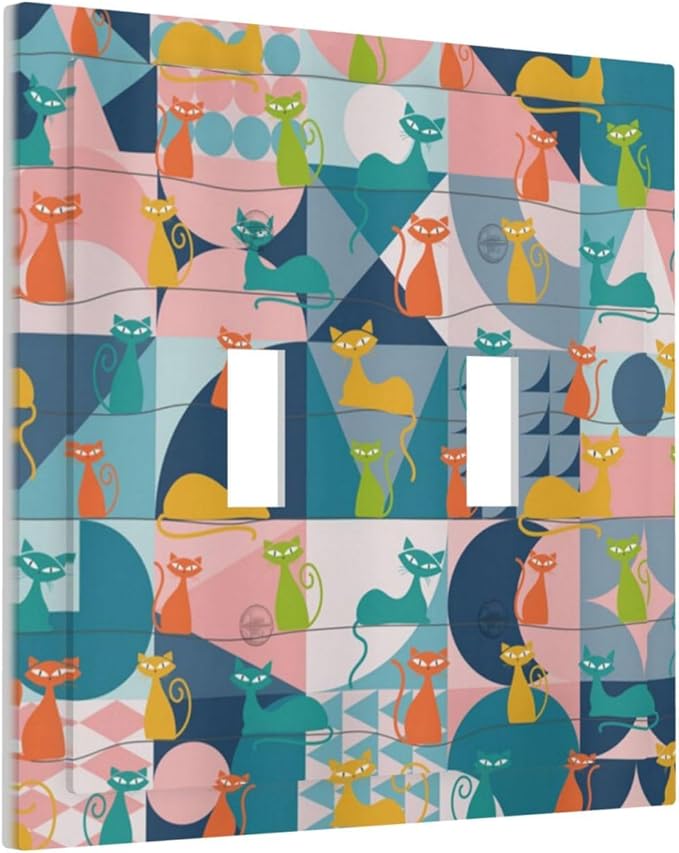 Mid Century Modern Atomic Cute Cats Double Toggle Light Switch Covers 2 Gang Wall Plate Dual Decorative Switchplate Electrical Faceplate for Kidroom Nursery Bedroom Decor