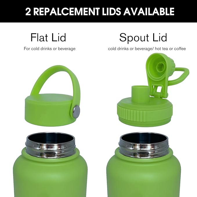 40oz Insulated Water Bottle ，Stainless Steel Sports Water Cup Flask with 2 Lids, Wide Mouth Travel Thermal Mug,Outdoor Sports Bottle（Lemon Green）