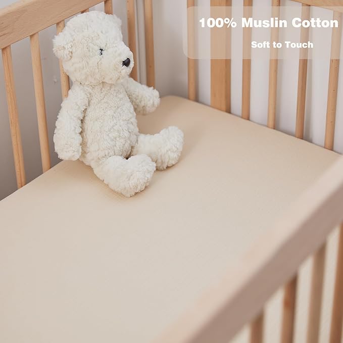 Muslin Crib Sheets Girls Rutiwa 2 Pack Boho Baby Sheets for Crib 100% Cotton Breathable Crib Sheets Toddler Bed Sheets Fit Standard Crib Mattress 28"x52"(Light Pink/Beige)