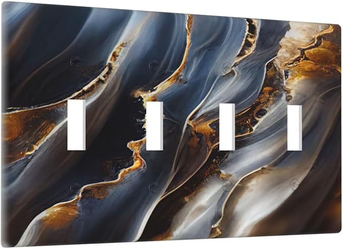 Gradient Abstract Ripple Blue Gold Marble Printed Quad Toggle Light Switch Covers 4 Gang Wall Plate Decorative Switchplate Electrical Faceplate for Kitchen Bathroom Bedroom Decor