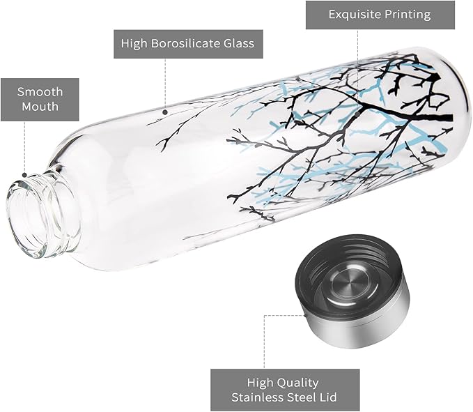 Borosilicate Glass Water Bottle, Sports Glass Drinking Bottle with Neoprene Sleeve and Stainless Steel Lid 16oz / 32oz (32oz, Tree Branche)